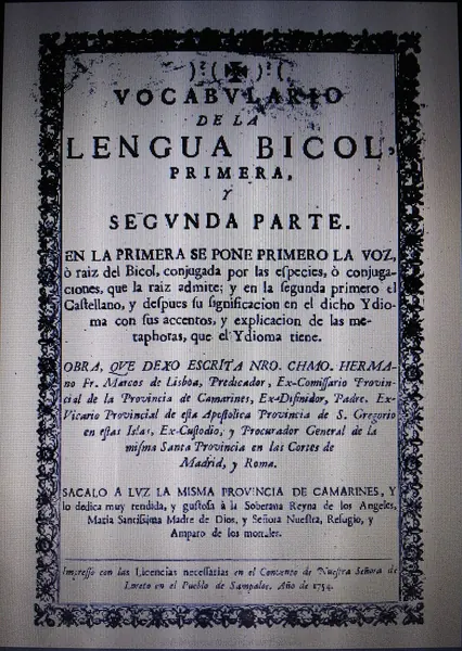Portada de Vocabulario de la lengua bicol (1754)