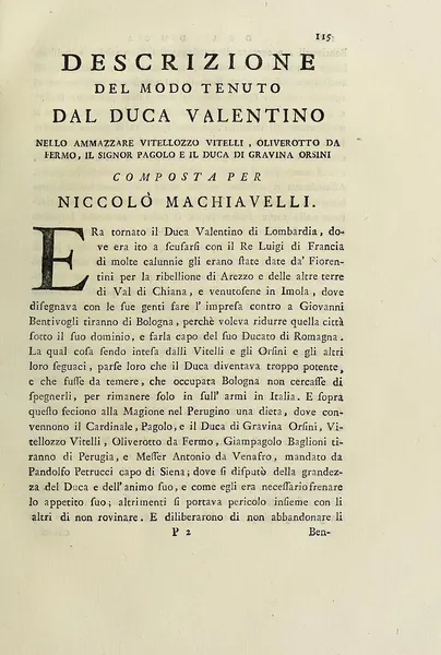 Capa de Descrizione del modo tenuto dal Duca Valentino nello ammazzare Vitellozzo Vitelli, Oliverotto da Fermo, il Signor Pagolo e il duca di Gravina Orsini